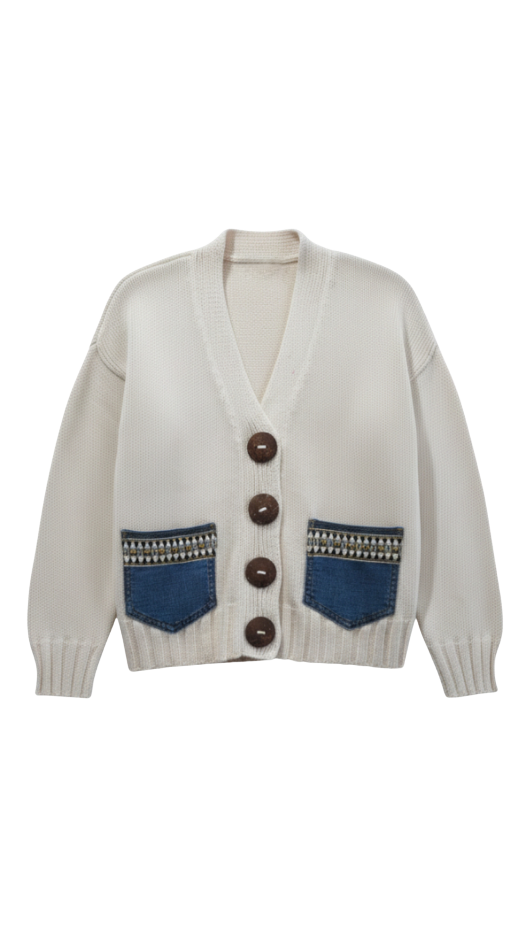 Isla Button Front Denim Patch Pocket Knit Cardigan. Style SHNP5878