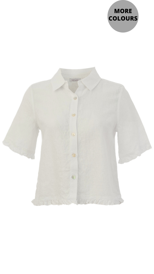 Ruffled Hem Collared Button Front Cropped Blouse. Style DOLC26221