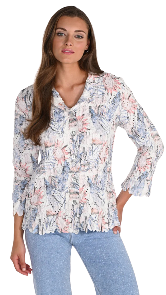 Floral Print Pressed Wrinkle Button Up Blouse. Style FL261648