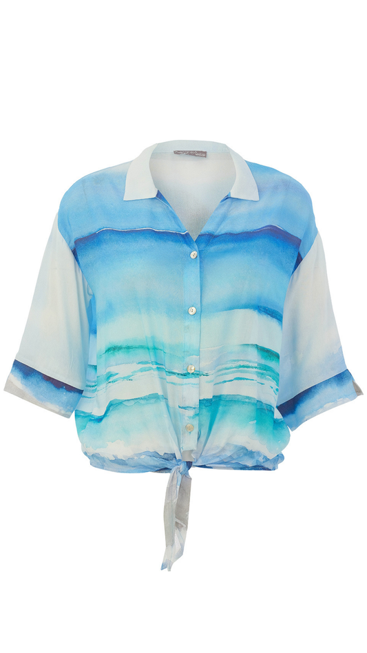 "Seascape 1" Artist Print Button Front Tie Bottom Blouse. Style DOLC26813