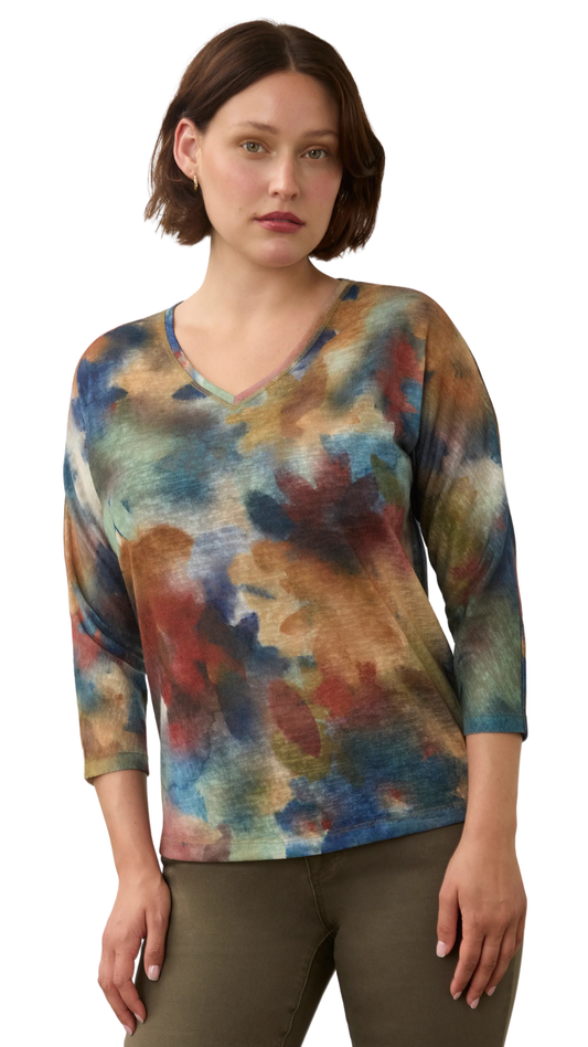 V-Neck Drop Shoulder Abstract Print Top. Style FD3556451