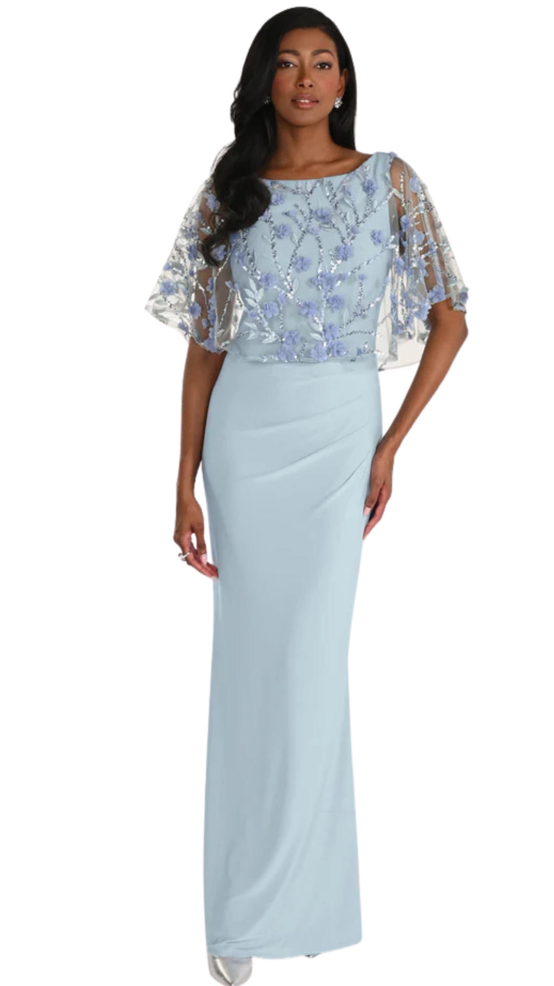 Mesh Sequin & Floral Details Cape Maxi Length Dress. Style FL268175