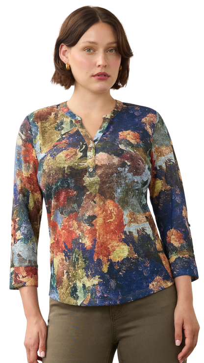 Henley 3/4 Sleeve Abstract Print Top. Style FD3571451