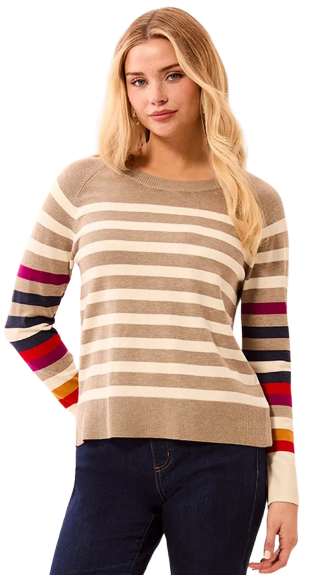 Soft Viscose Long Sleeve Crew Neck Stripe Sweater. Style TR3132O-8477