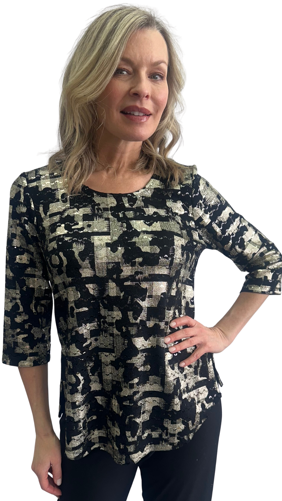 Holiday Dazzle 3/4 Sleeve Round Neck Sequin & Sparkle Top. Style SW102031