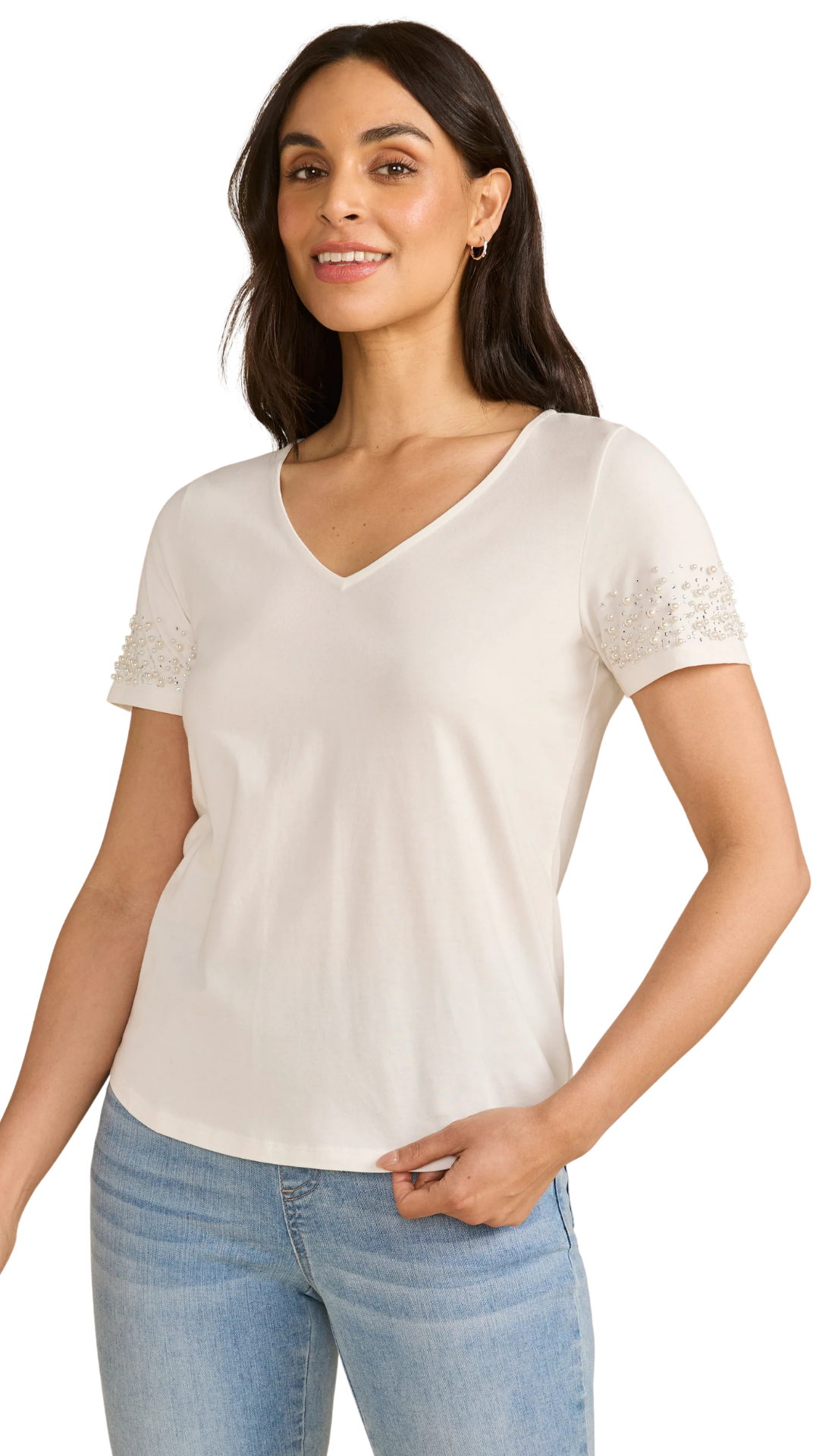 Cotton Pearl Embellished Short Sleeves Top. Style FD3162165