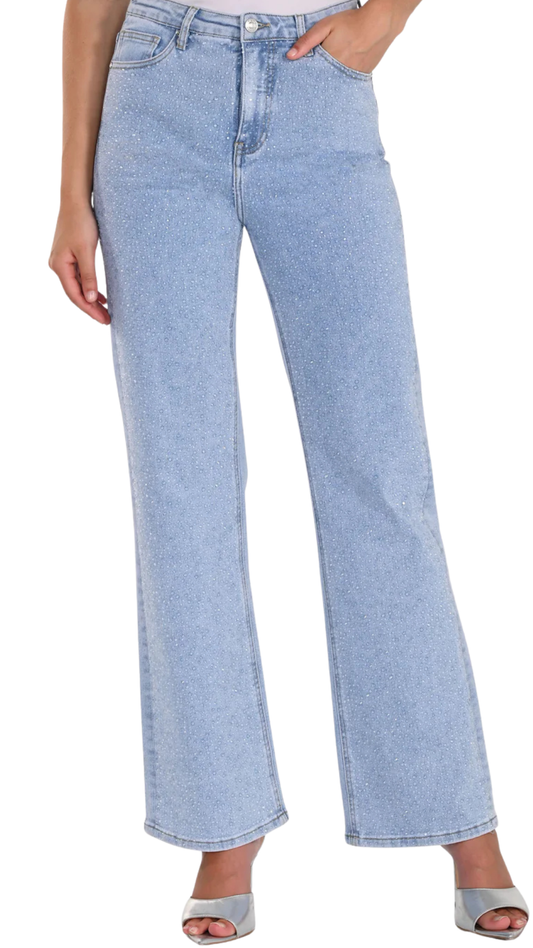 Wide Leg Clear Gem Light Wash Jeans. Style FL261610