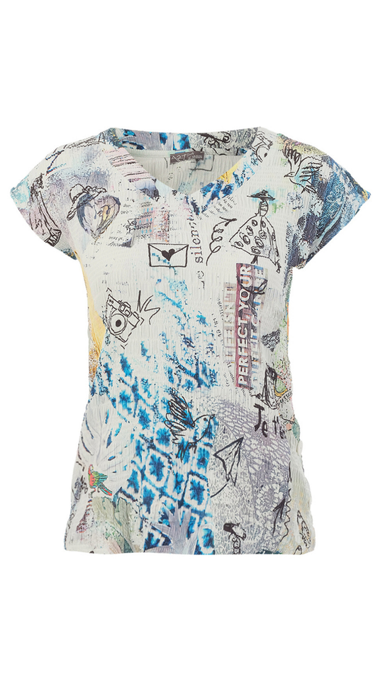 "Collage 46" Artist Print Short Sleeve Crinkled Fabric Top. Style DOLC26742