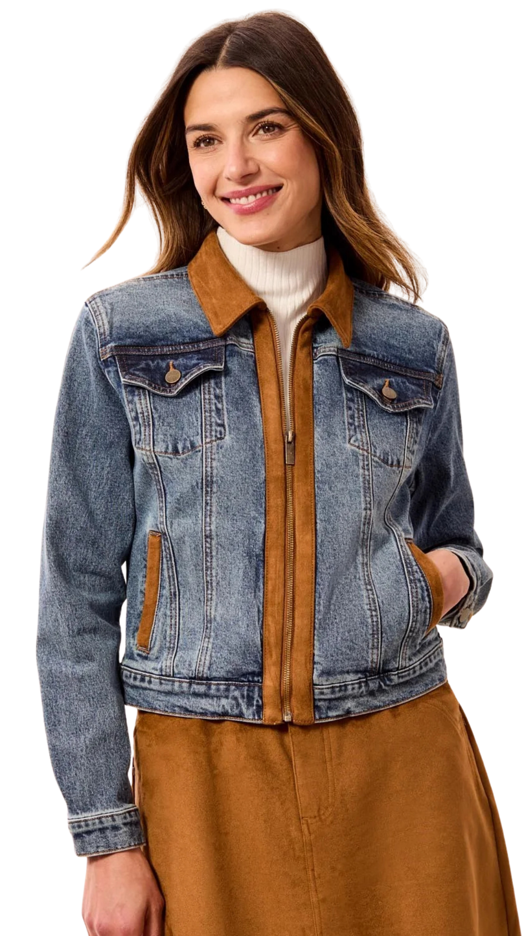 Mixed Media Zip Front Suede Trim Denim Jacket. Style TR6244O-5632