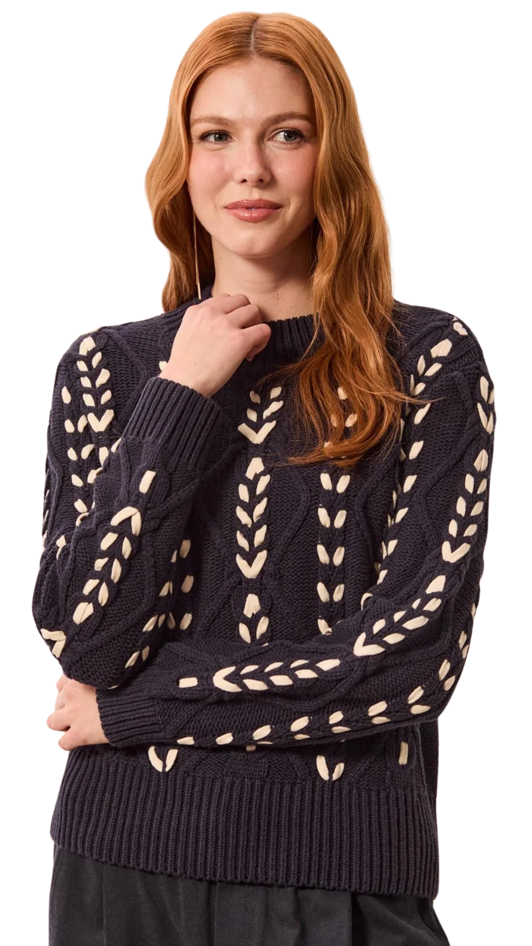 Contrast Lace-Up Cable Knit Crew Neck Sweater. Style TR3129O-3954
