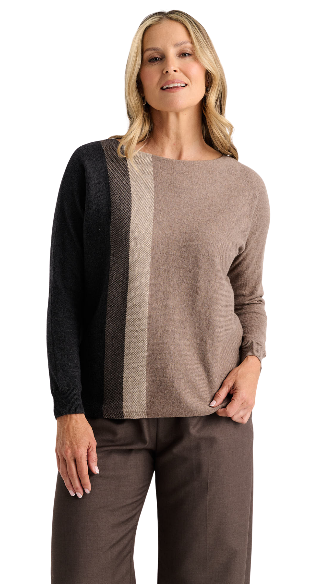 Brown Tones Colour Block Pop-Over Sweater. Style ZKP8537U