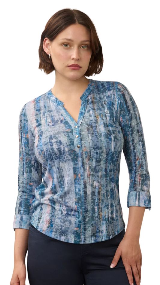 Henley 3/4 Sleeve Abstract Print Top. Style FD3387844