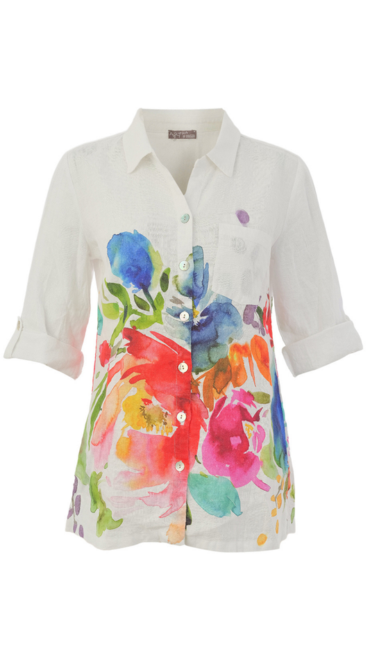 "Spring Delight" Artist Print 3/4 Roll-Up Sleeves Blouse. Style DOLC26702