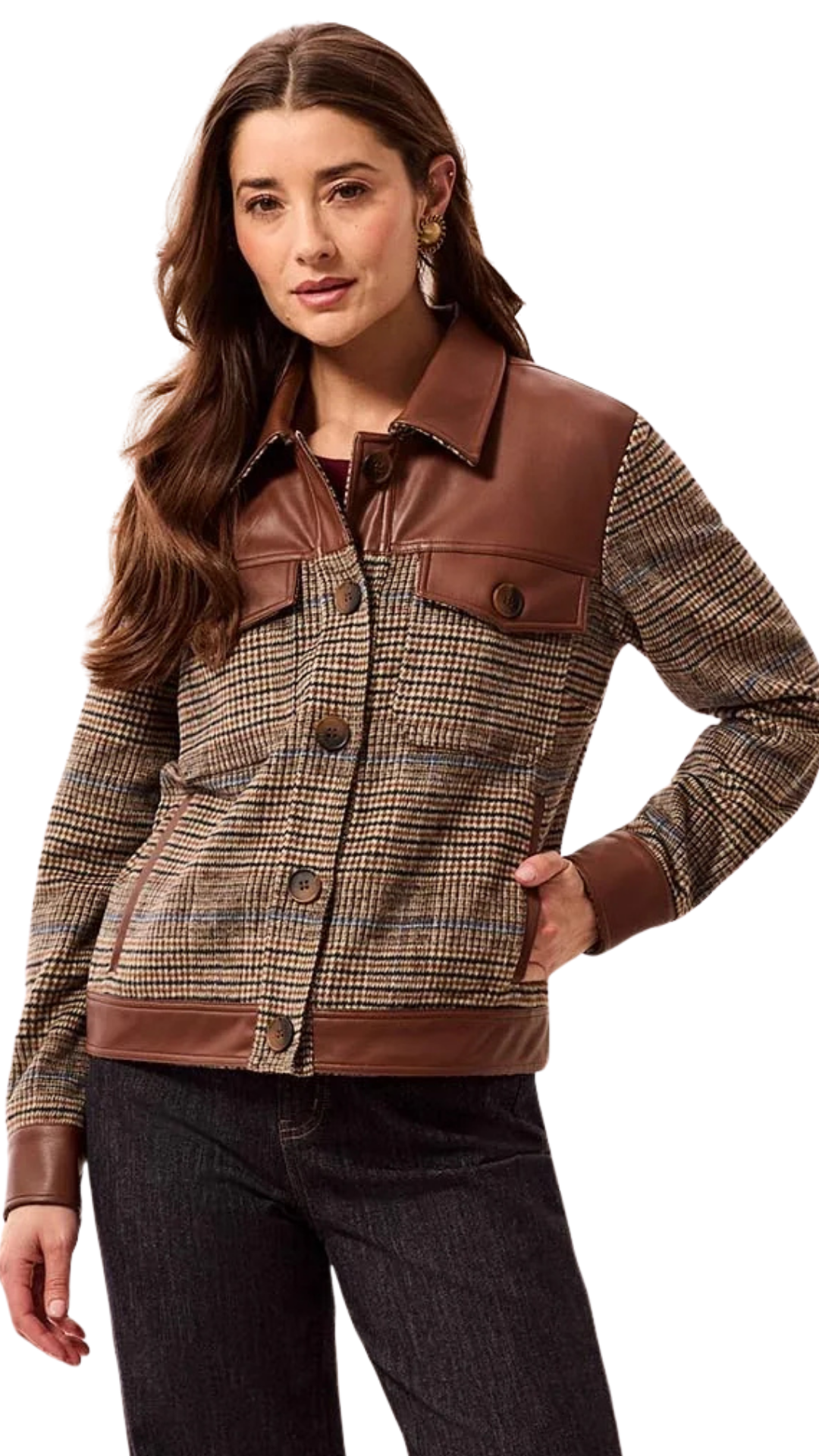 Mixed Media Faux Leather Trim Button-Front Plaid Shacket. Style TR6253O-4466