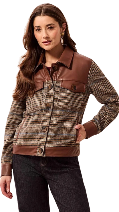 Mixed Media Faux Leather Trim Button-Front Plaid Shacket. Style TR6253O-4466