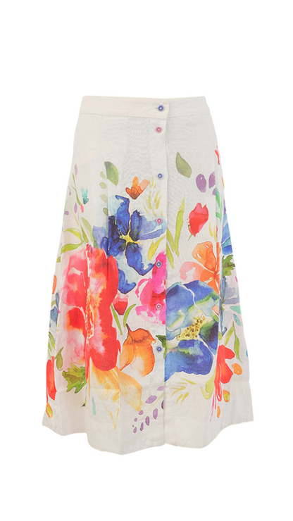 "Spring Delight" Artist Print Button Front Skirt. Style DOLC26701