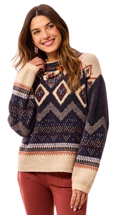 Fair Isle Mock Neck Eyelash Knit Sweater. Style TR3131O-8341