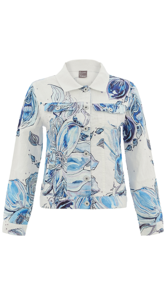 "Blue Flowers" Artist Print Structured Linen Jacket. Style DOLC26657