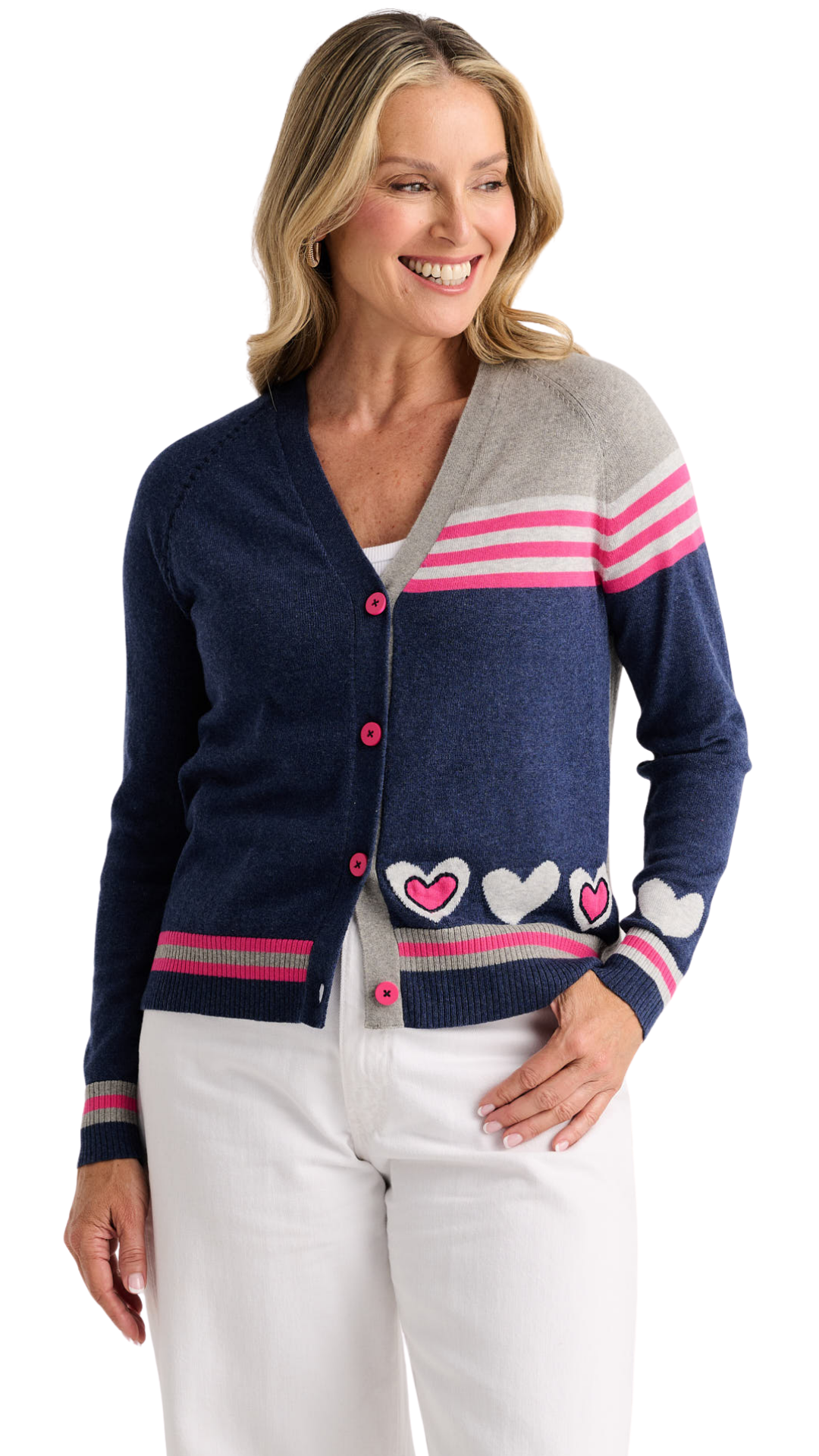 Button Front Hearts Colour Block Cardigan. Style ZKP8526U