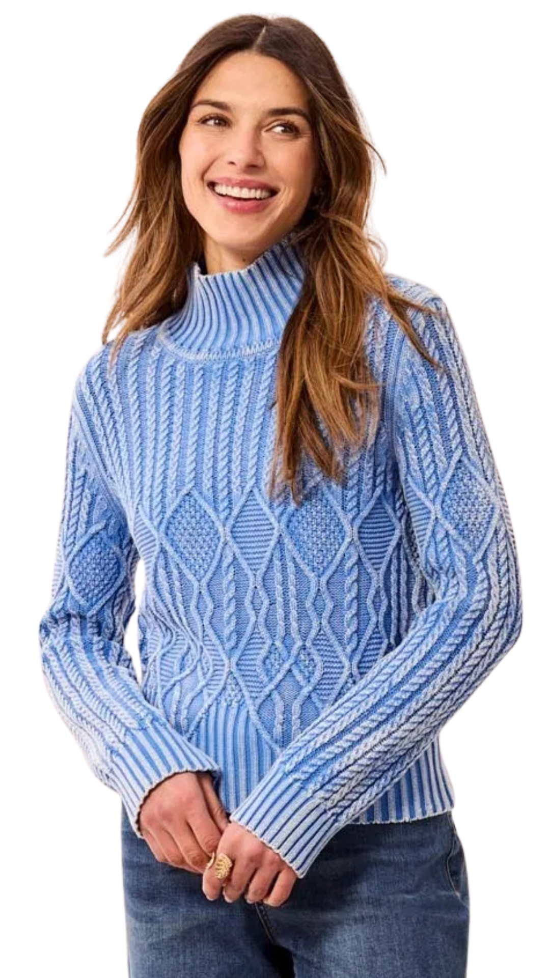 Cable Knit Mock Neck Special Wash Sweater. Style TR6251O-4632