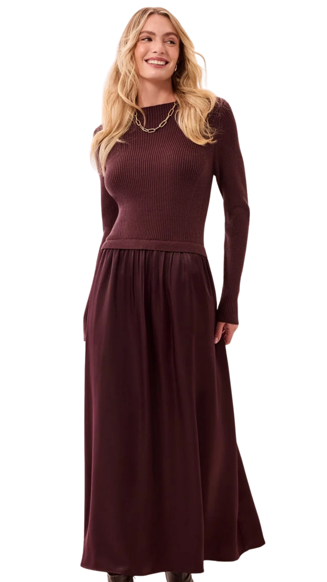Mixed Media Long Sleeve Maxi Dress. Style TR3276O-8560