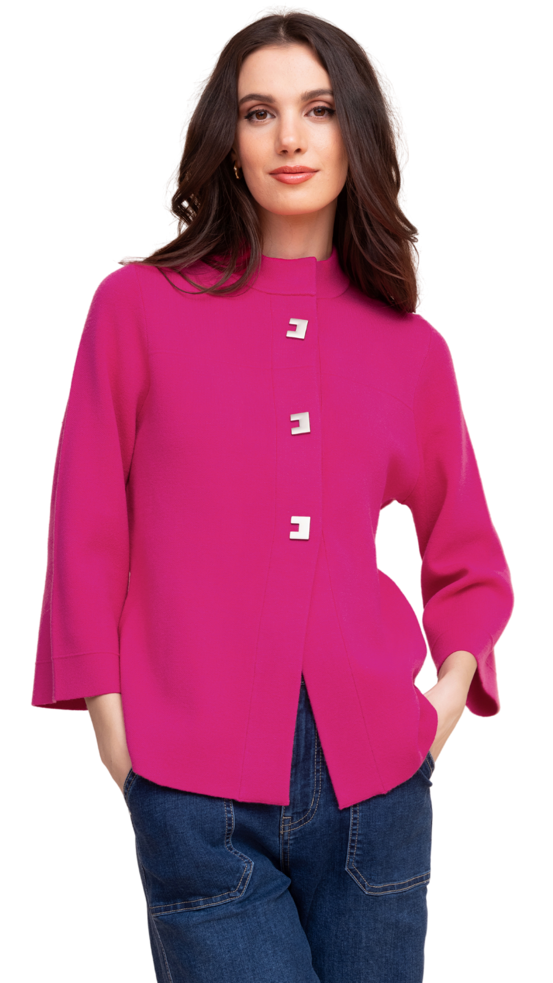 Mock Neck Wide 3/4 Sleeve Buttons Cardigan. Style ALS48211