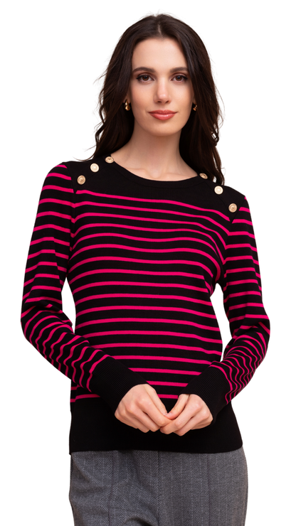Horizontal Stripes & Gold Statement Buttons Shoulder Detail Sweater. Style ALS48155