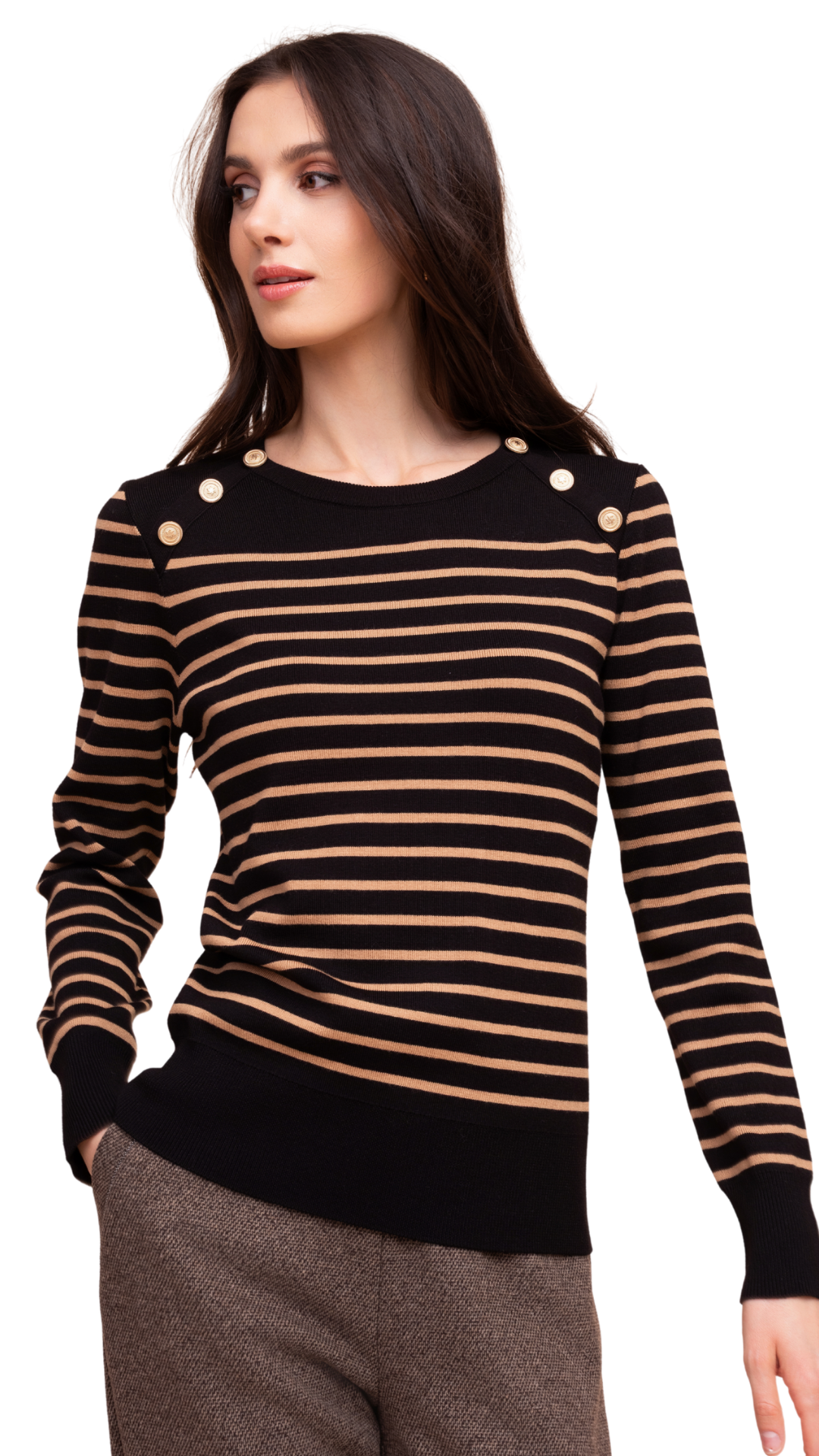 Horizontal Stripes & Gold Statement Buttons Shoulder Detail Sweater. Style ALS48155