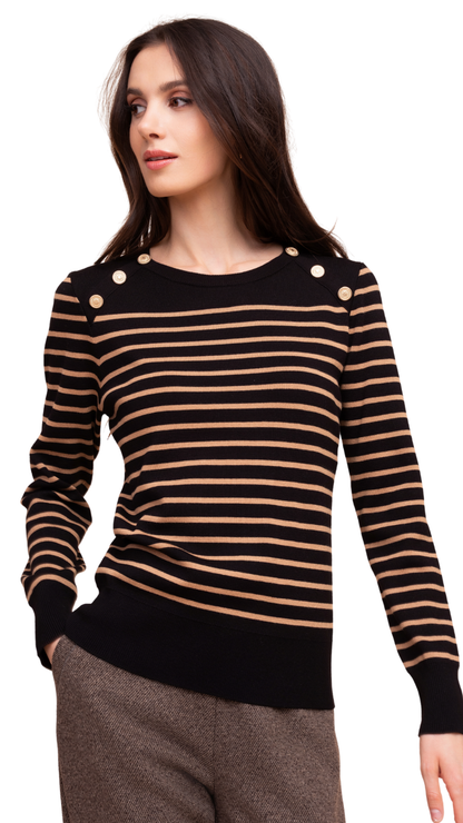 Horizontal Stripes & Gold Statement Buttons Shoulder Detail Sweater. Style ALS48155