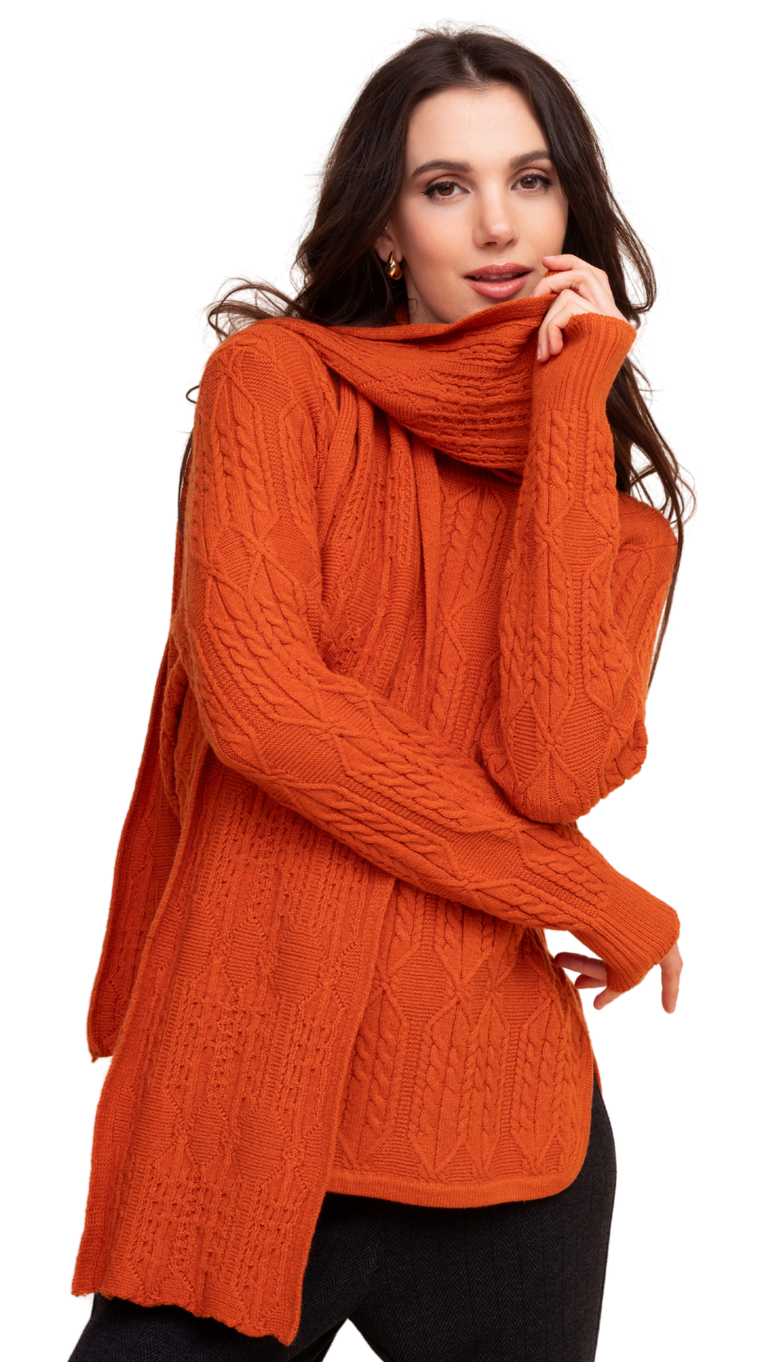 Matching Detachable Scarf Cable Knit Sweater. Style ALSA48068
