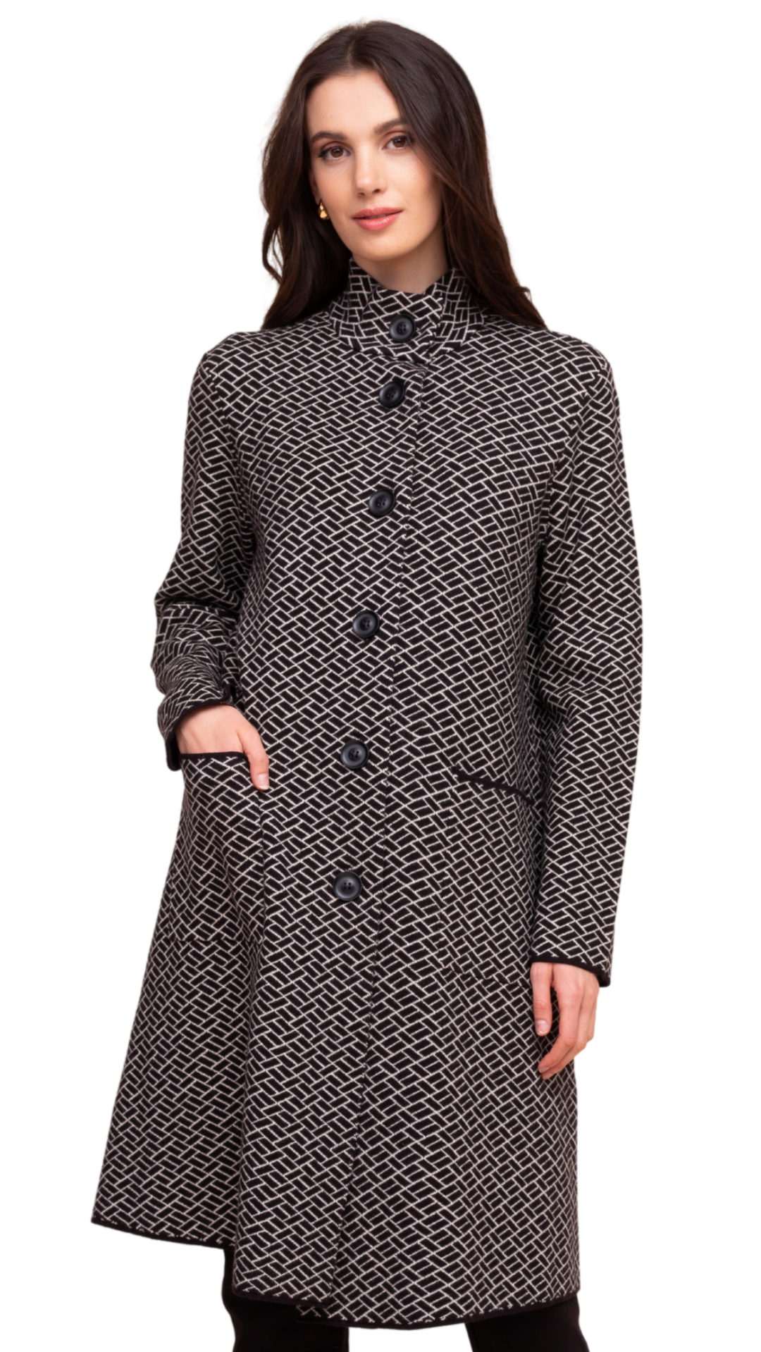 Button Front Long Mock Neck Patterned Cardigan. Style ALSA48129