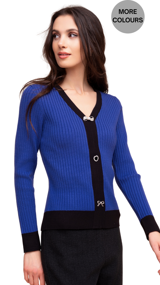 Statement Pin V-Neck Ribbed Sweater. Style ALSA48065