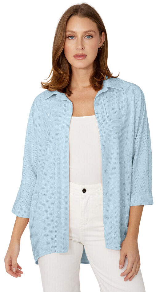 Rhinestone Embellished 3/4 Sleeve Button Front Top. Style FL266514-PB