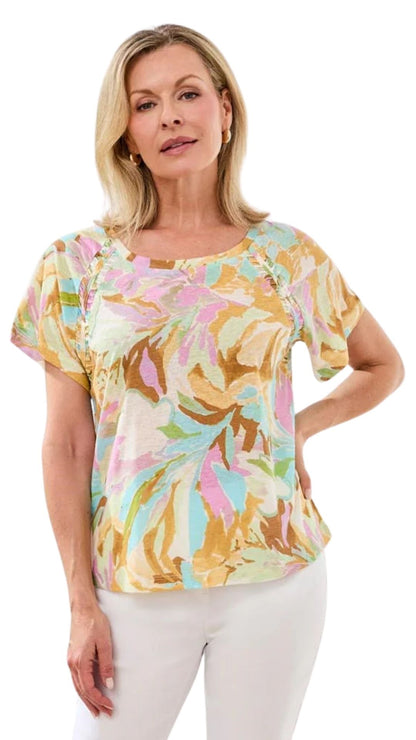 Scoop Neck Floral Print Pleat Detail Top. Style TR2435O-1557