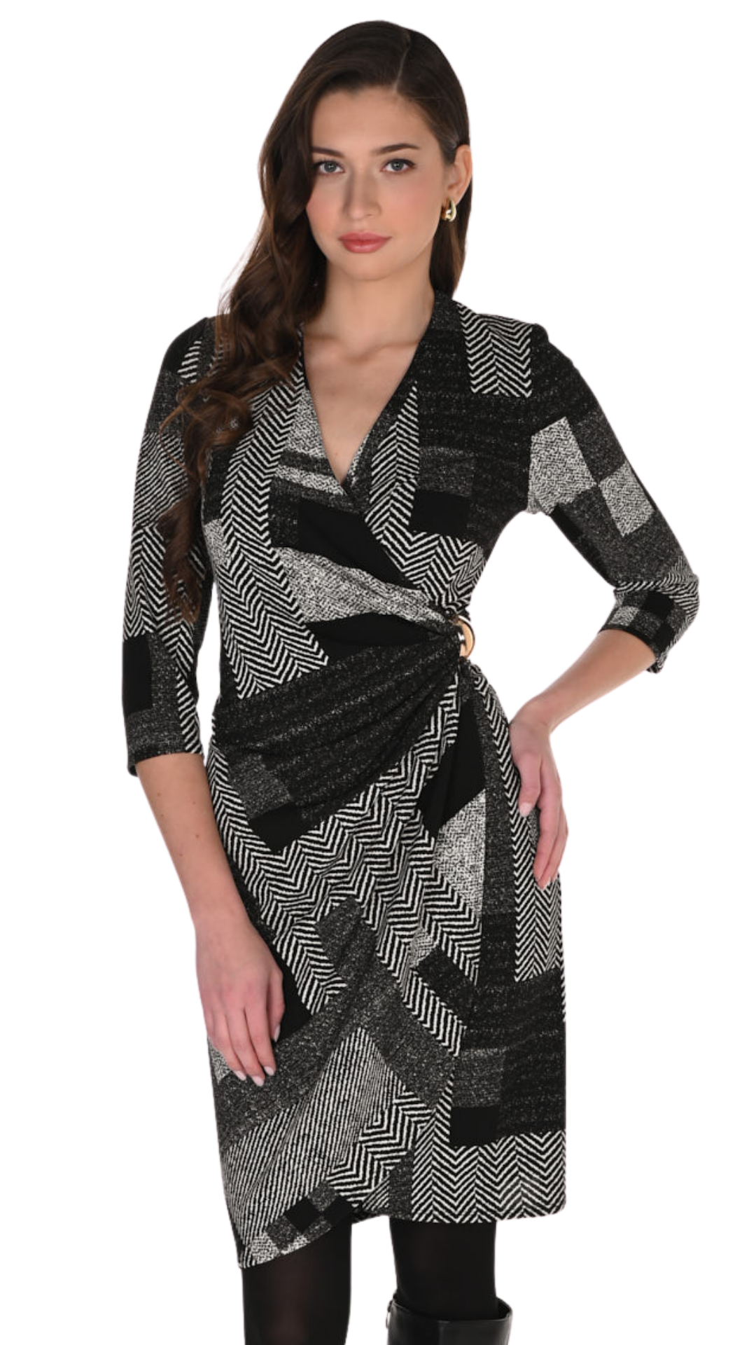 Wrap Style Gold Brooch 3/4 Sleeve Midi Dress. Style FL263458