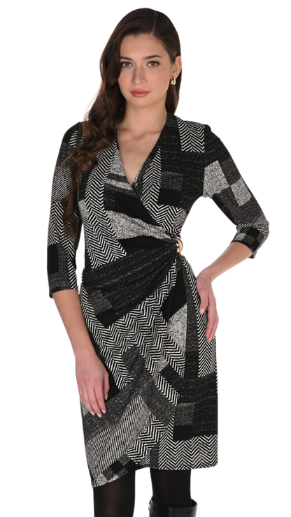Wrap Style Gold Brooch 3/4 Sleeve Midi Dress. Style FL263458