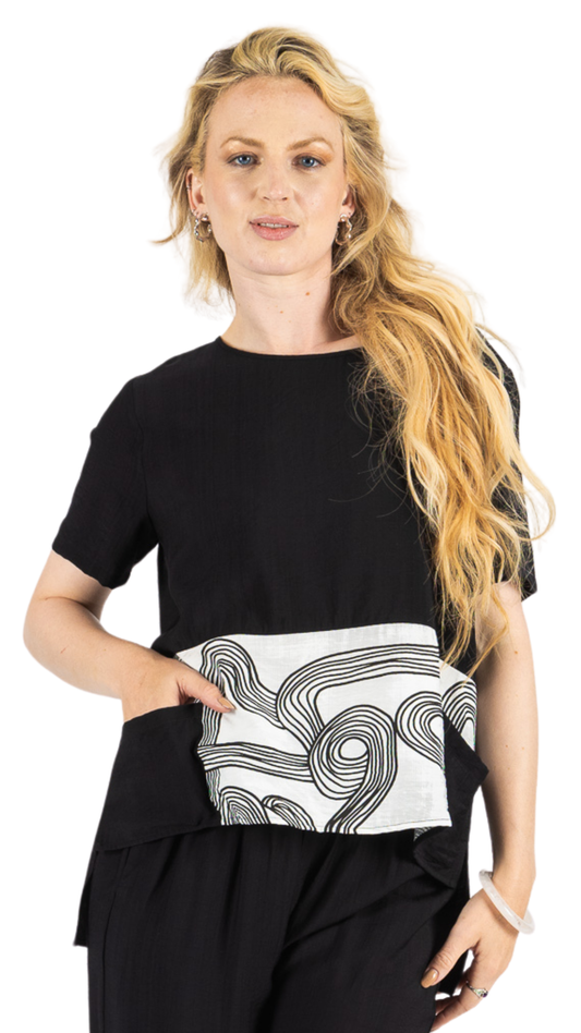 Swirl Print Panel Short Sleeve High Low Hem Top. Style FS261630
