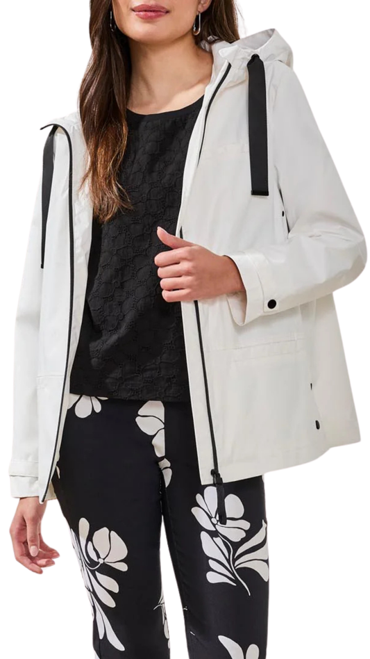 Zip Front Black & White Contrast Detail Rain Jacket. Style TR3051O-8304