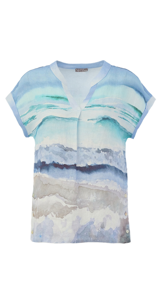 "Seascape 1" Artist Print Front Pleat Linen Top. Style DOLC26619