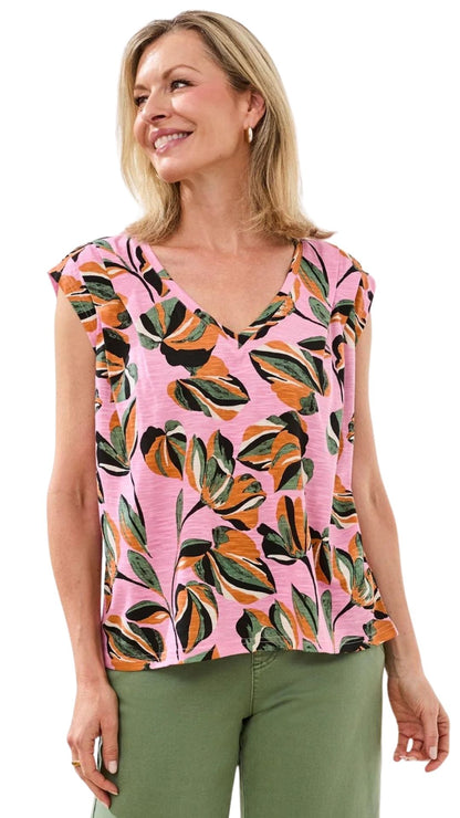 V-Neck Cap Sleeve Floral Print Top. Style TR2438O-3741