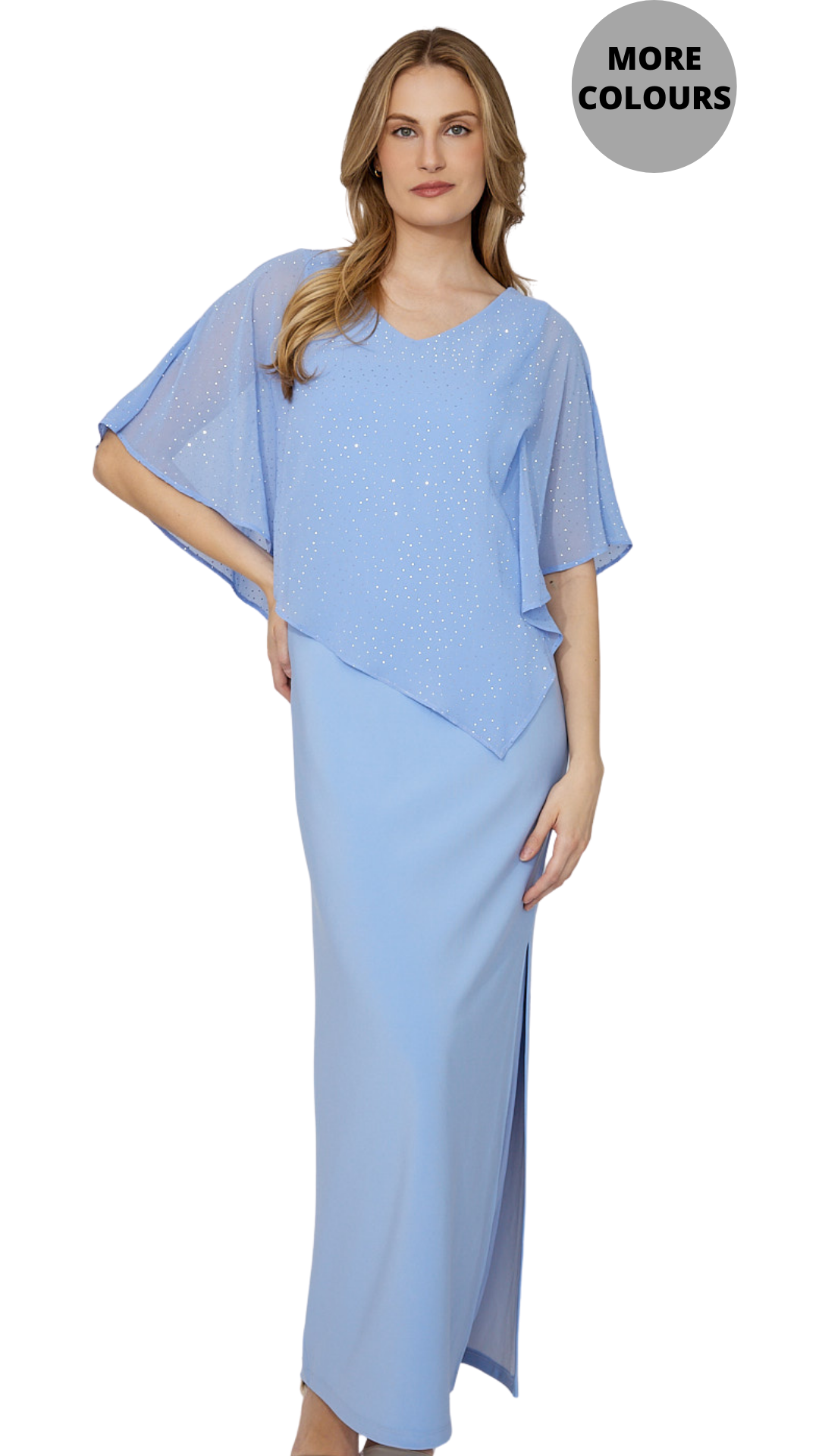 Rhinestone Embellished Cape Maxi Length Dress. Style FL268193