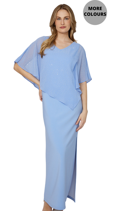 Rhinestone Embellished Cape Maxi Length Dress. Style FL268193