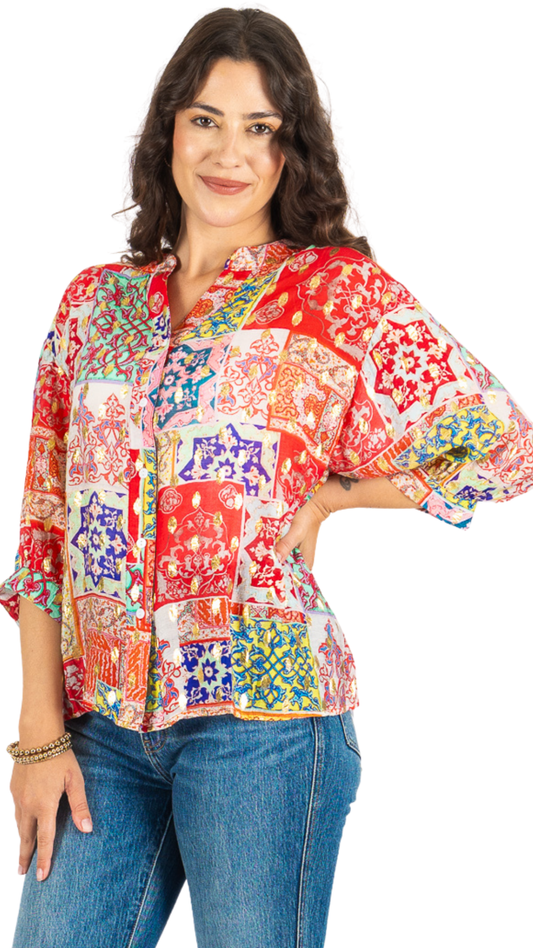 Notch Neck Lightweight Abstract Print & Gold Metallic Details Blouse. Style FS261973