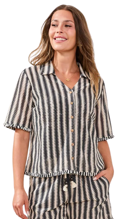 Striped Short Sleeve Button Front Blouse. Style TR3004O-8369