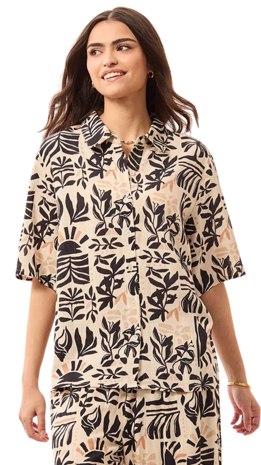 Linen Leaf Print Button Front Shirt. Style TR3027O-8392