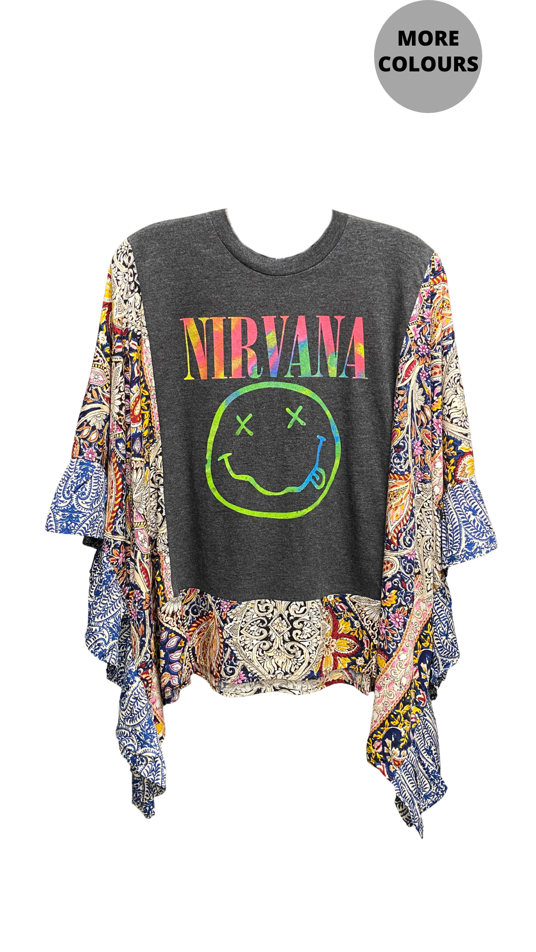 Band & Abstract Print Poncho Ruffle Sleeve Top. Style SHNP5768-PAIS