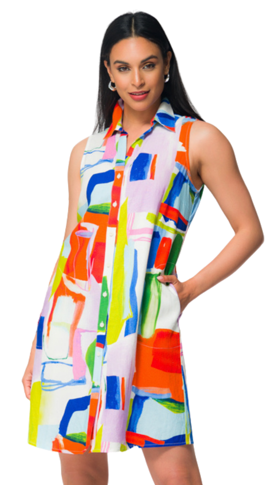 Multi Colour Abstract Print Sleeveless Button Front Dress. Style EW36100