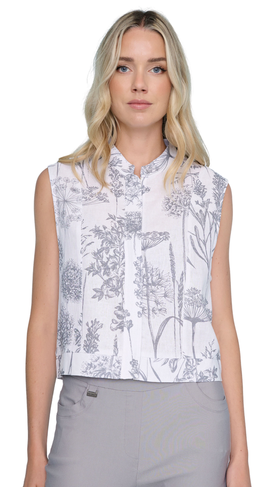 Zip Front Sleeveless Linen Plant Print Vest. Style PYZM591YX