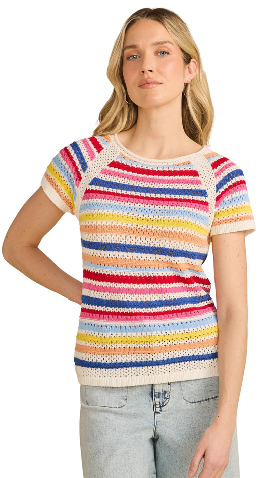 Colourful Stripes Crochet Short Sleeve Top. Style FD1119314