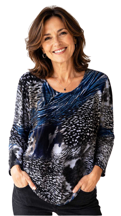 Petite Printed Round Neck 3/4 Sleeve Top. Style JDA4251-P22